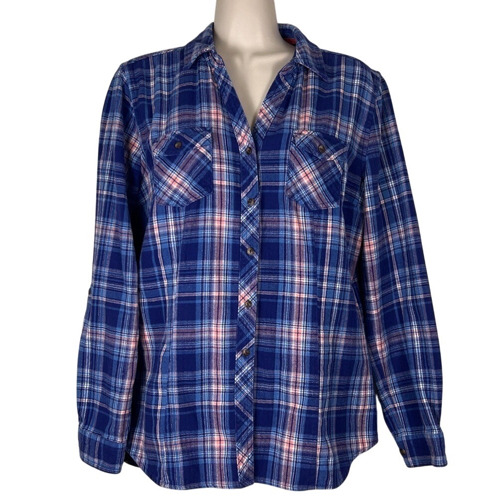 Bit & Bridle Womens Blue Pink‎ Plaid Flannel Button Down Western Shirt Size M
